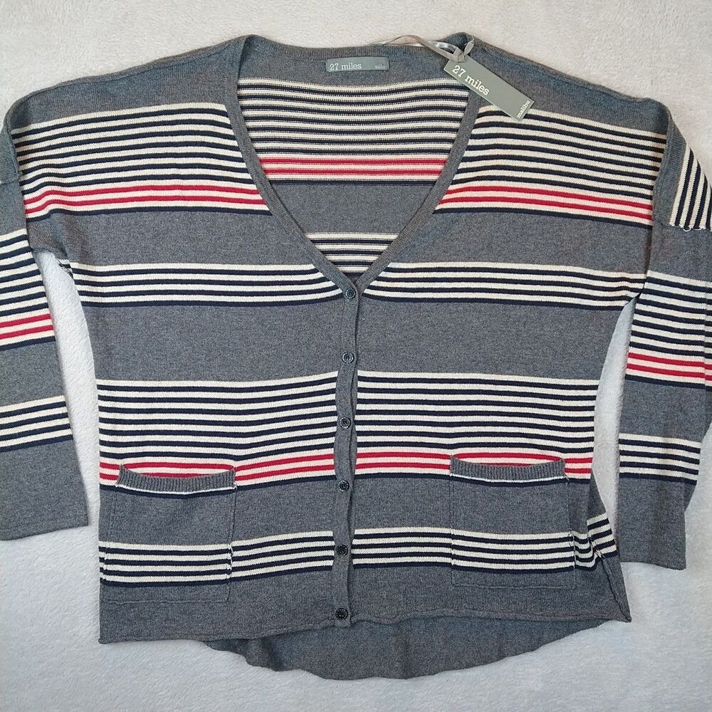 New 27 Miles Malibu SAAD Cardigan Sweater Women's Large Gray Striped Soft